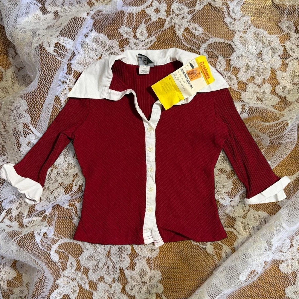 Anxiety Cafe Y2K Burgundy Ribbed 3/4 Sleeve Double Layer Top Office Siren Large
